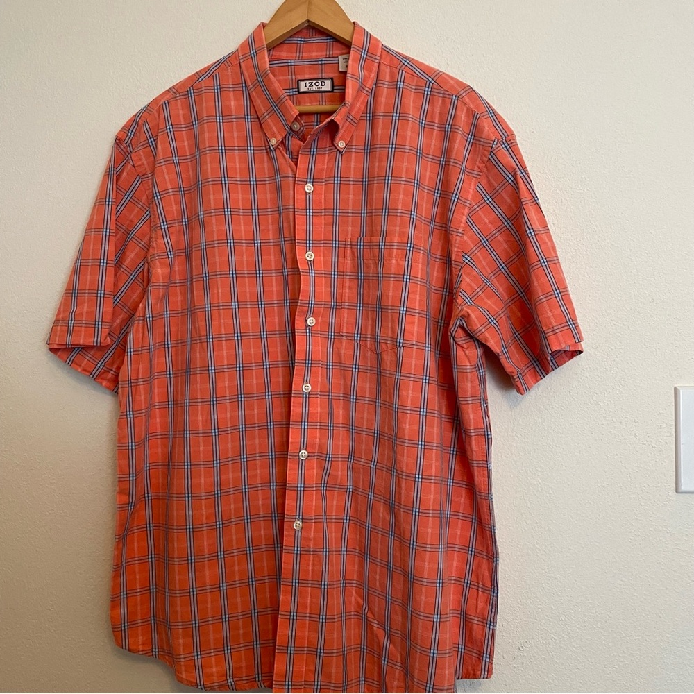 IZOD Shirt Mens XL Orange/Blue Plaid Short Sleeve Button Up 100% Cotton
